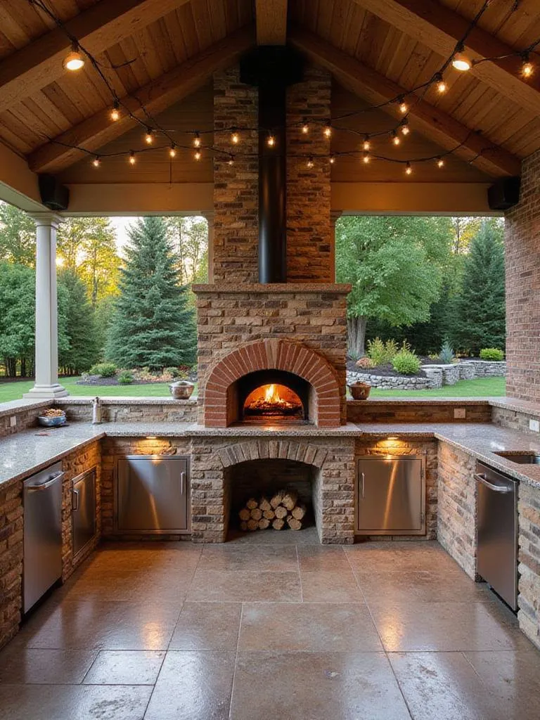 Outdoor kitchen with a custom-built wood-fired pizza oven.