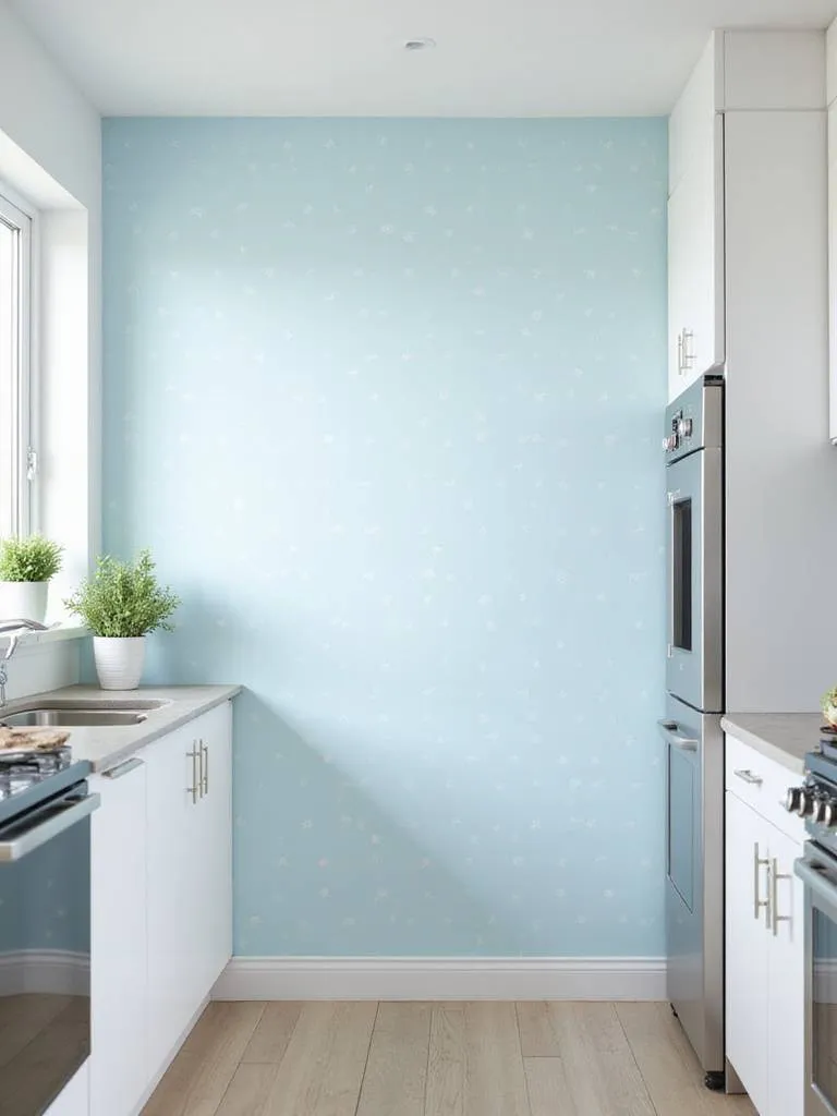 Light blue kitchen wallpaper with white polka dots adds a playful touch to this modern kitchen.