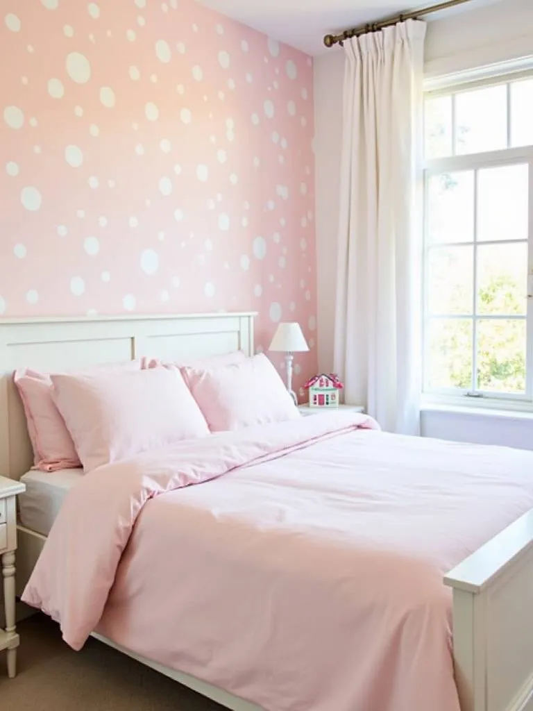 Bedroom with pink and white polka dot wallpaper accent wall