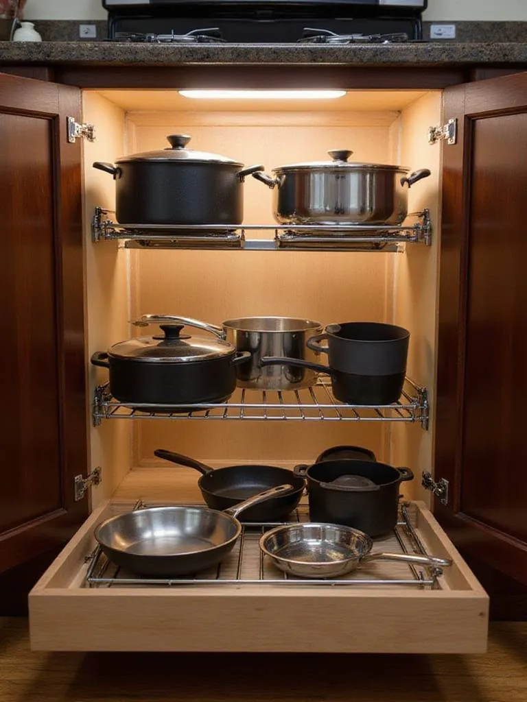 Organized pots and pans under stovetop with vertical dividers and pull-out rack.