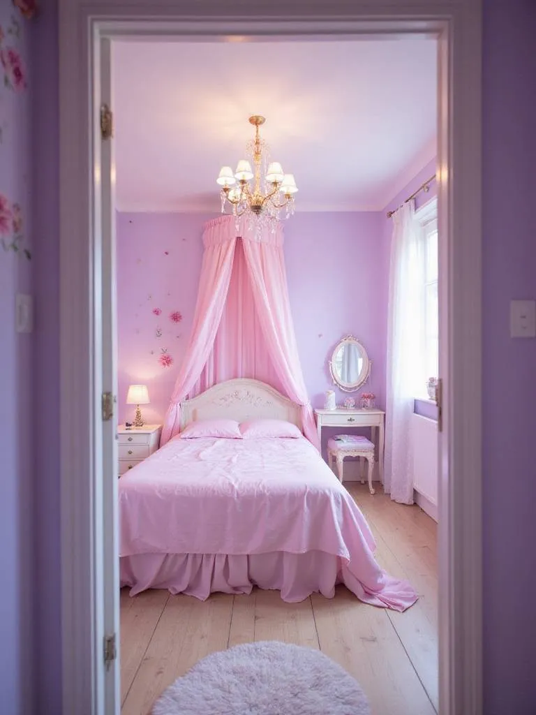Princess-themed bedroom with canopy bed and pastel colors