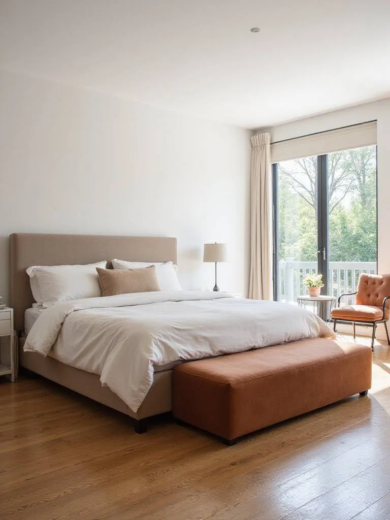 Stylish velvet ottoman at the foot of a king-size bed in a modern bedroom.