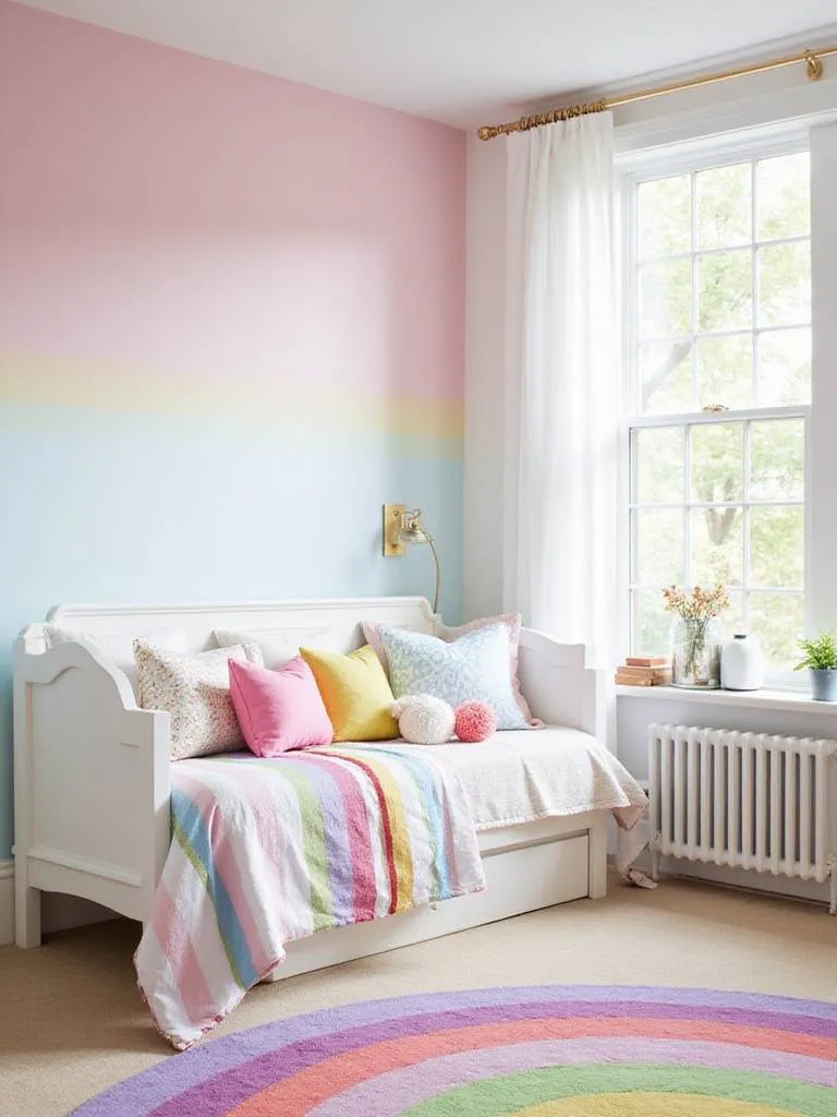 Bright children's bedroom with rainbow accent wall and colorful bedding