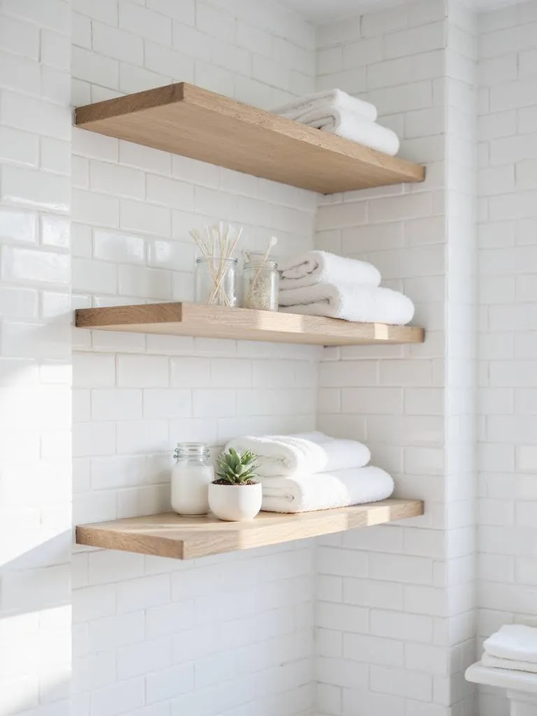 Small bathroom with light wood floating shelves maximizing vertical storage space for towels and toiletries