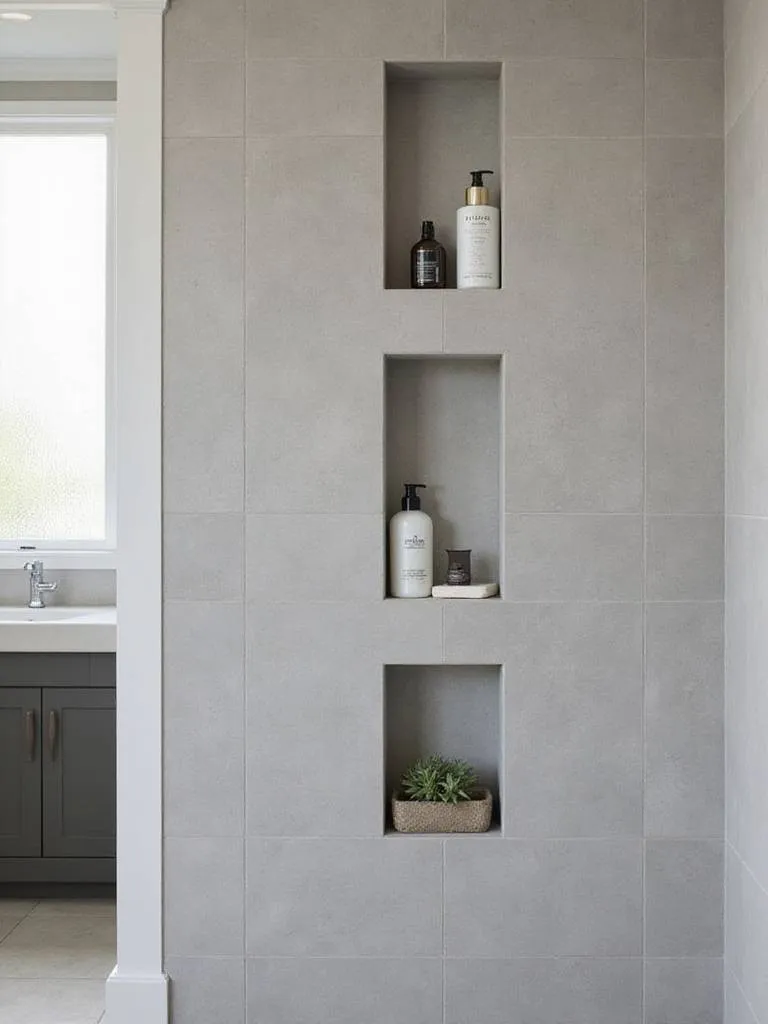Small bathroom with recessed niches built into the shower wall for stylish and space-saving storage.