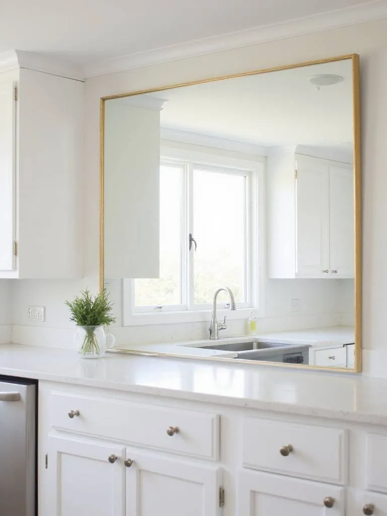 Kitchen with white cabinets and a decorative mirror reflecting natural light.