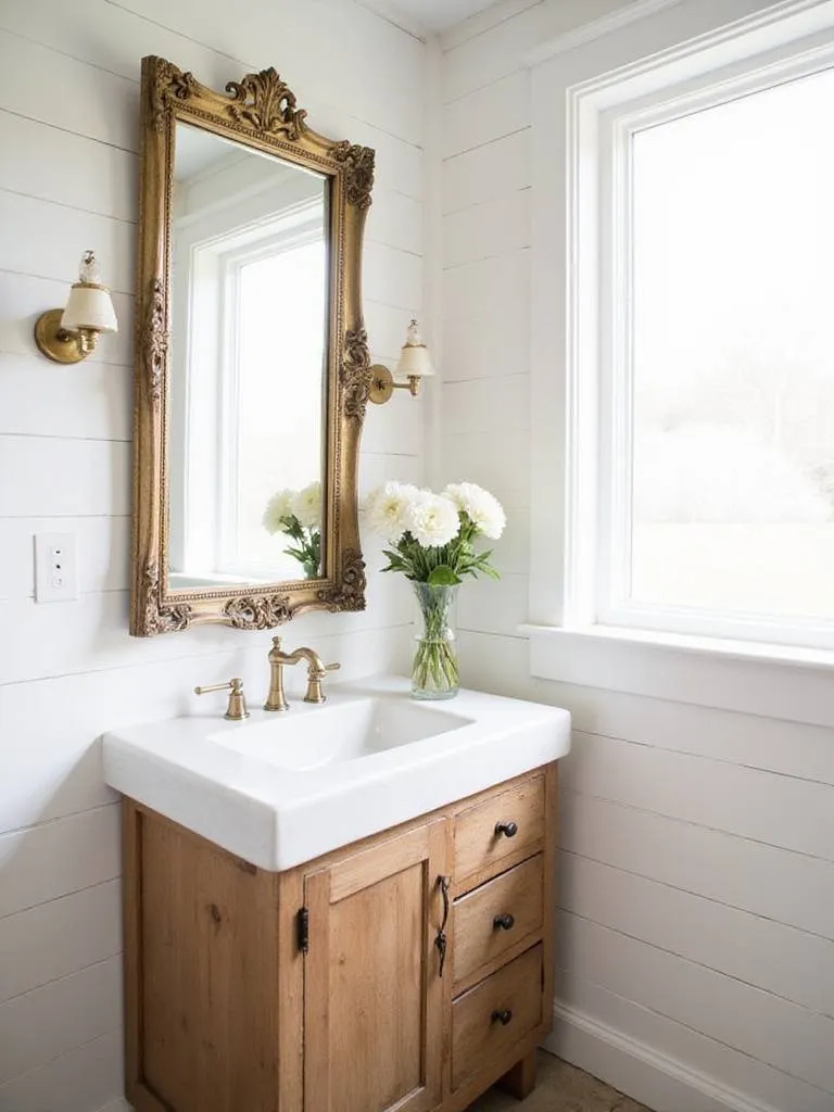 Farmhouse bathroom with white shiplap walls and a vintage gold-framed mirror above a rustic wood vanity.