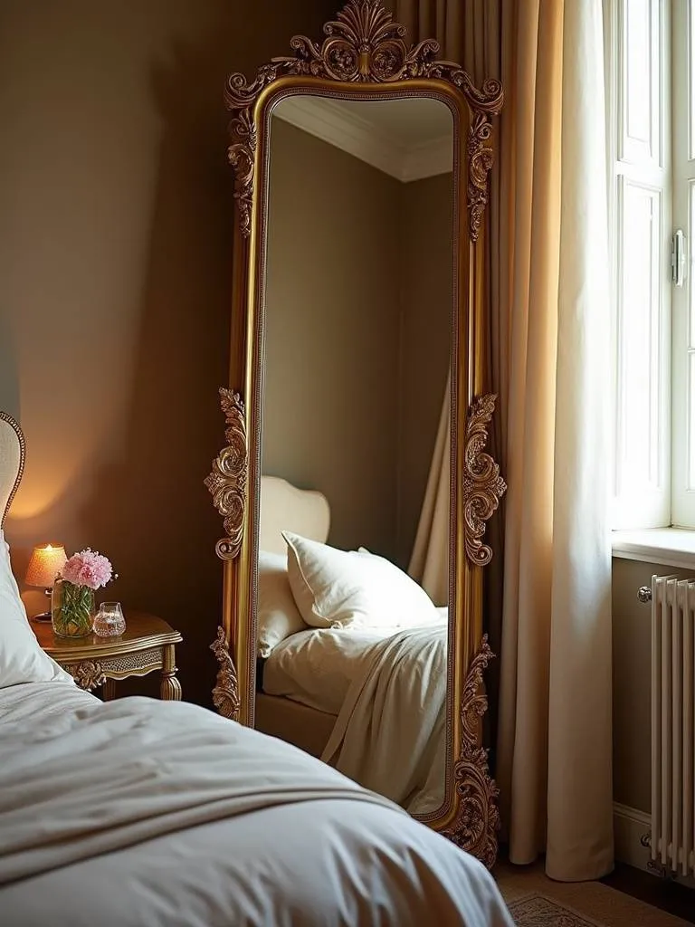 Ornate gold-framed full-length mirror reflecting a luxurious bedroom.