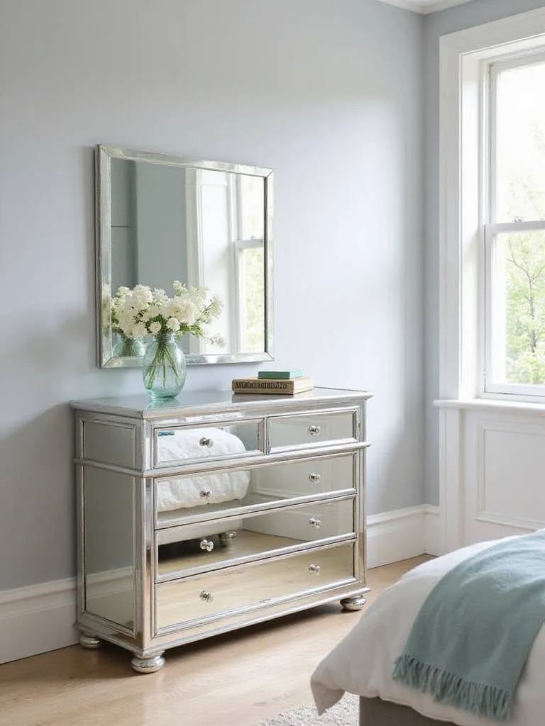 Bedroom with a mirrored dresser reflecting natural light, creating a brighter space.