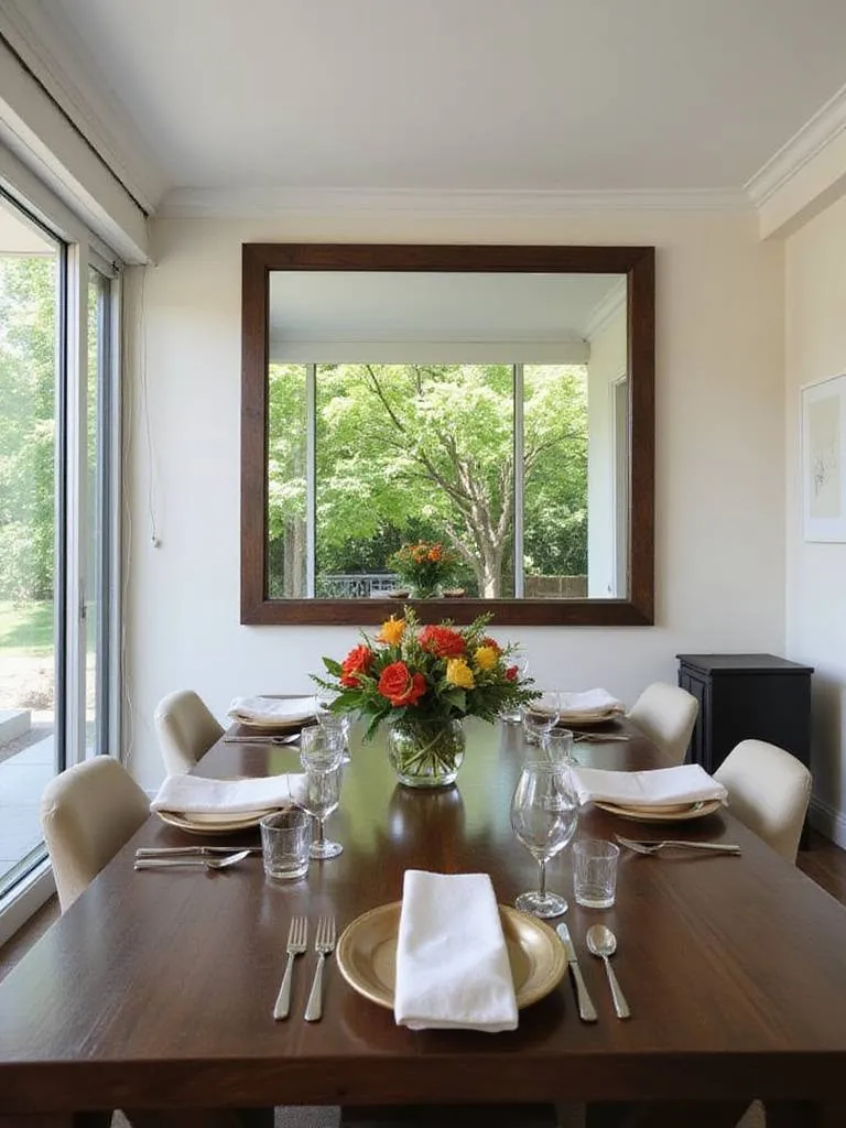 Elegant dining room featuring a large mirror reflecting natural light and garden view.