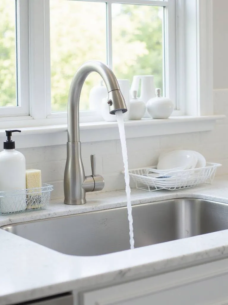 Modern kitchen sink area with new faucet, organized accessories, and natural light.