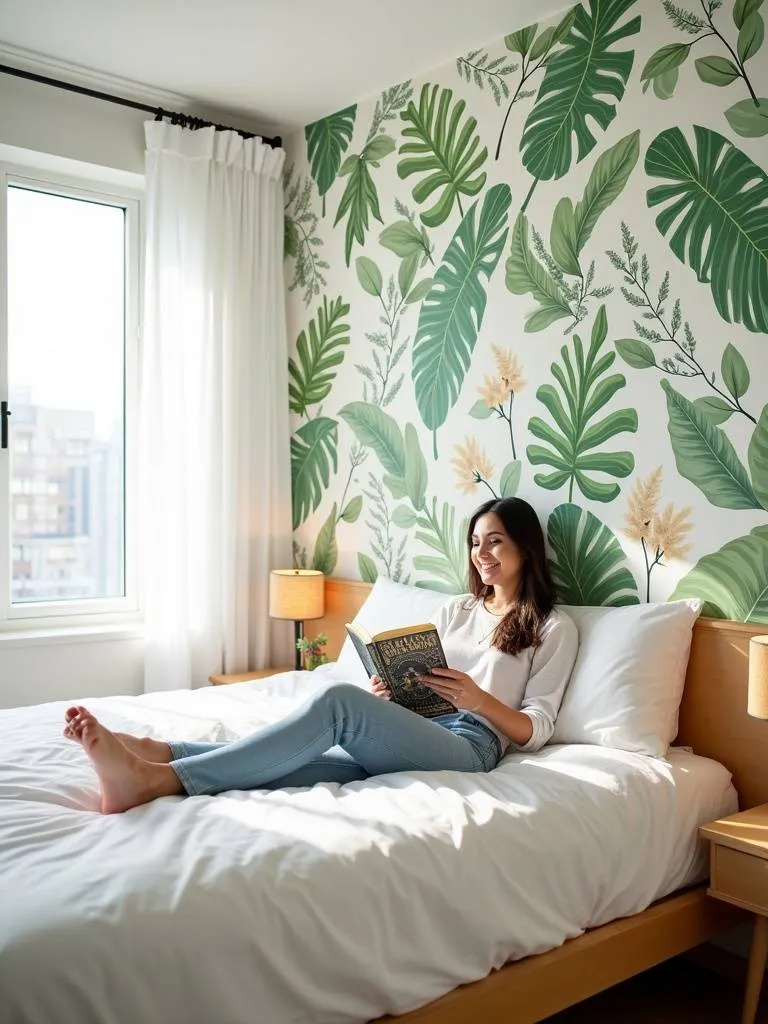 Trendy botanical removable wallpaper transforming a rental bedroom into a stylish and personalized space.