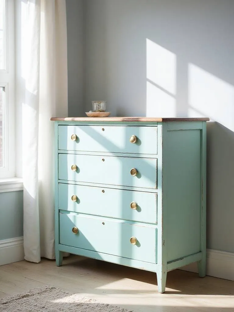Refurbished teal dresser with gold hardware in a bright bedroom.