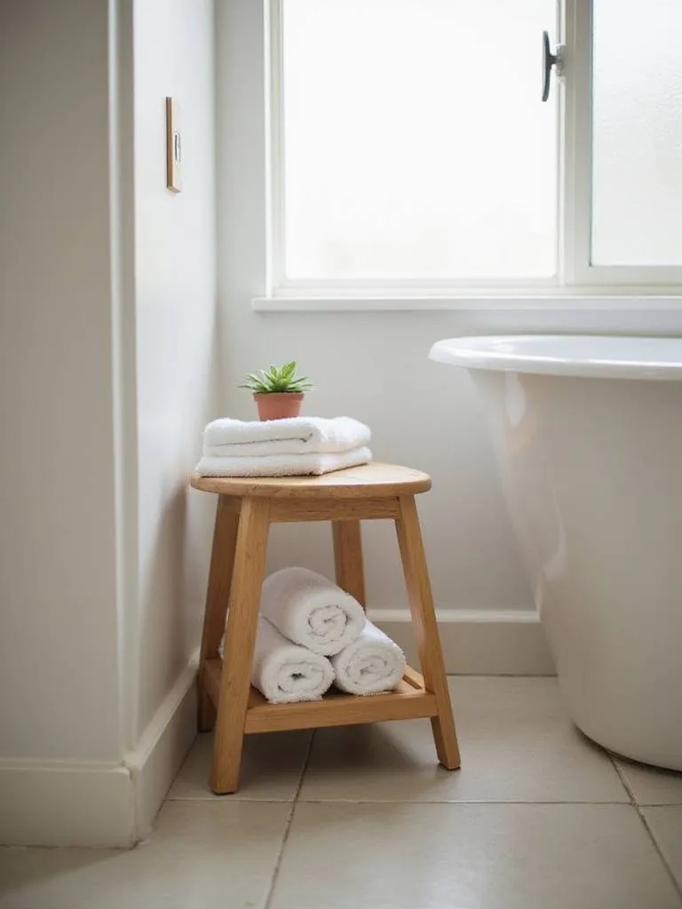 Stylish wooden stool repurposed as a side table with storage in a small bathroom, holding towels and a succulent.