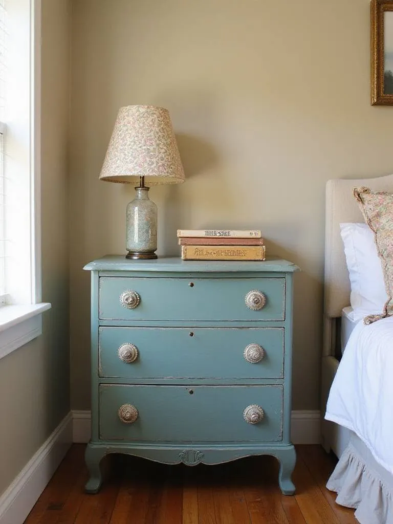 Bedroom featuring a repurposed vintage dresser as a nightstand