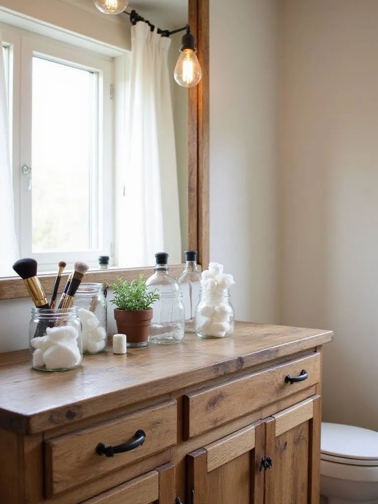 Farmhouse bathroom vanity with mason jar storage for toiletries and accessories
