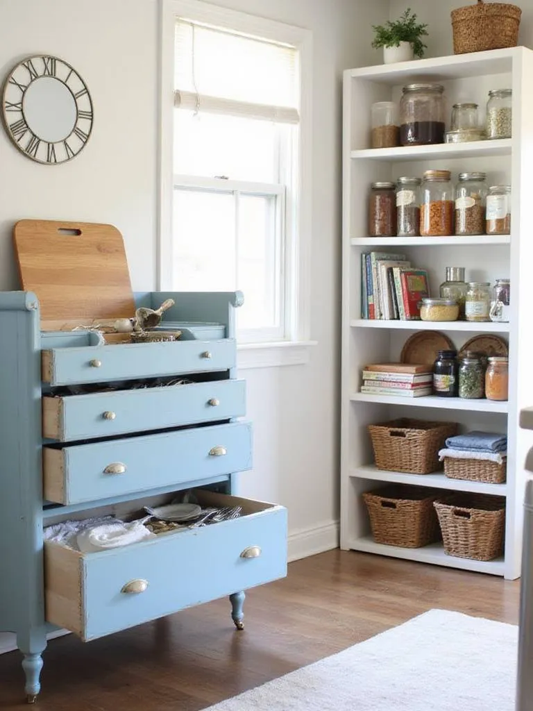 Repurposed dresser and bookshelf providing stylish and budget-friendly kitchen storage.