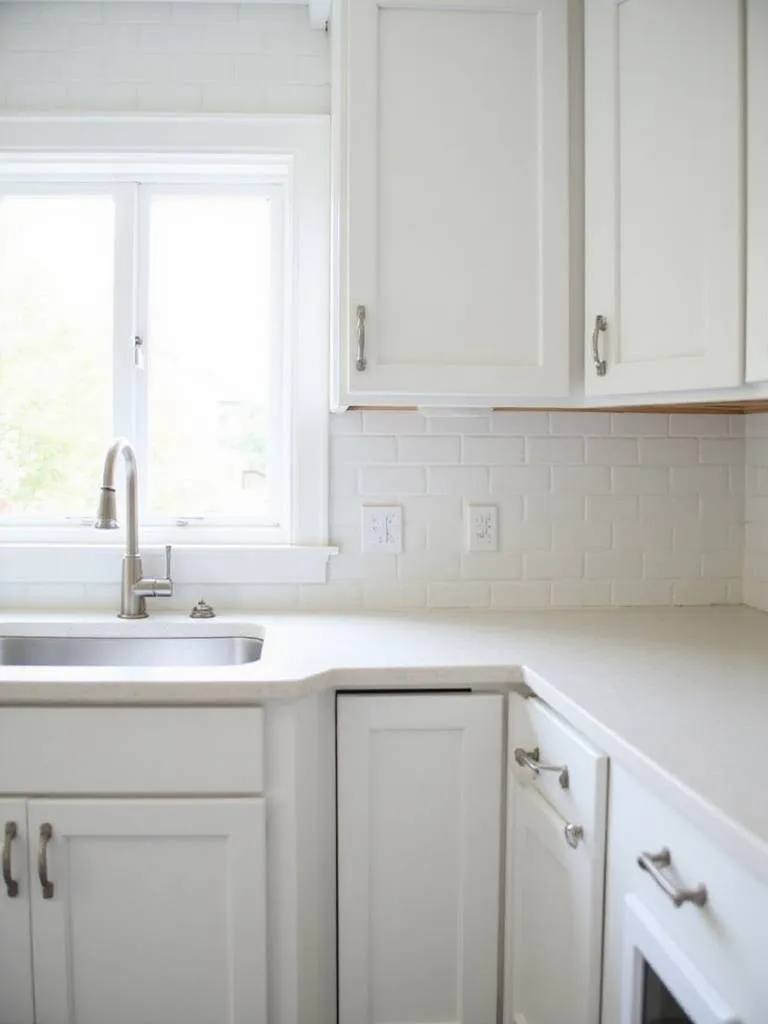 Newly painted white kitchen cabinets with brushed nickel hardware.