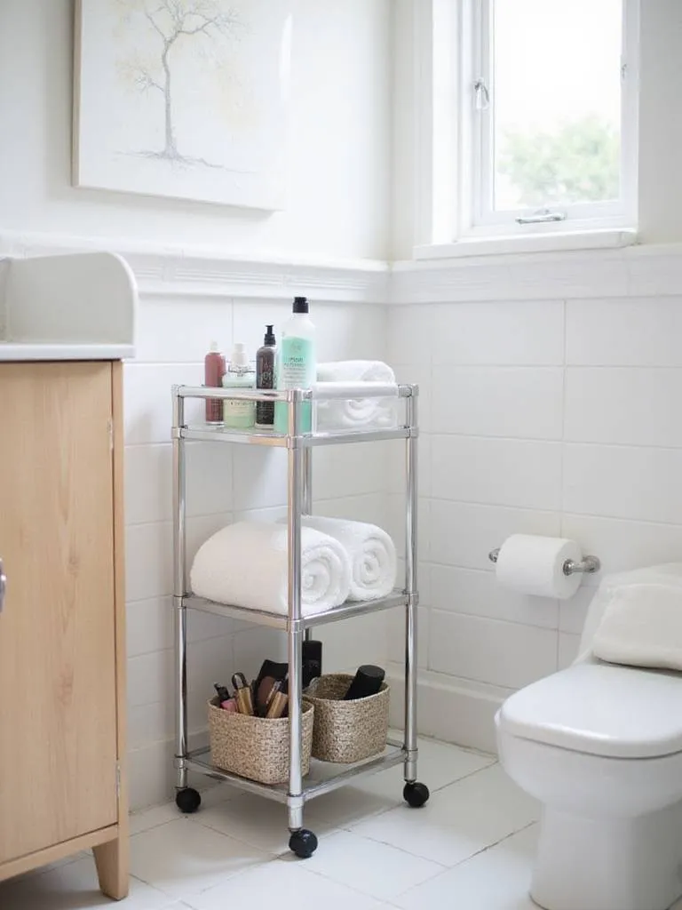 Slim rolling cart for bathroom storage between toilet and vanity, filled with organized toiletries.