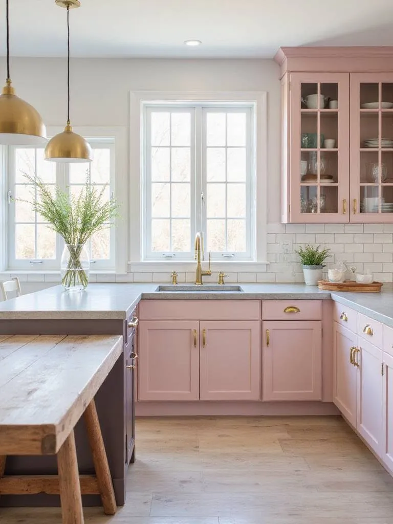 Dusty rose kitchen cabinets with brass hardware and light gray countertops in a modern farmhouse style kitchen.