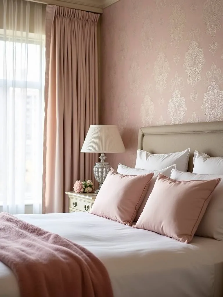 Romantic bedroom with blush pink and cream damask wallpaper accent wall