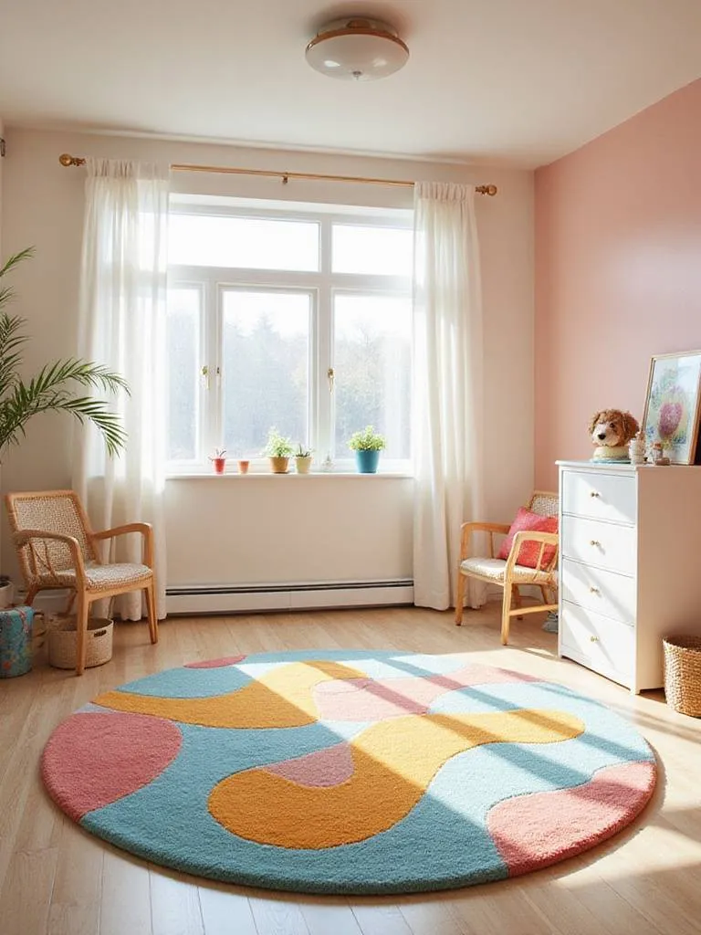 Kids' bedroom with a colorful abstract rug.