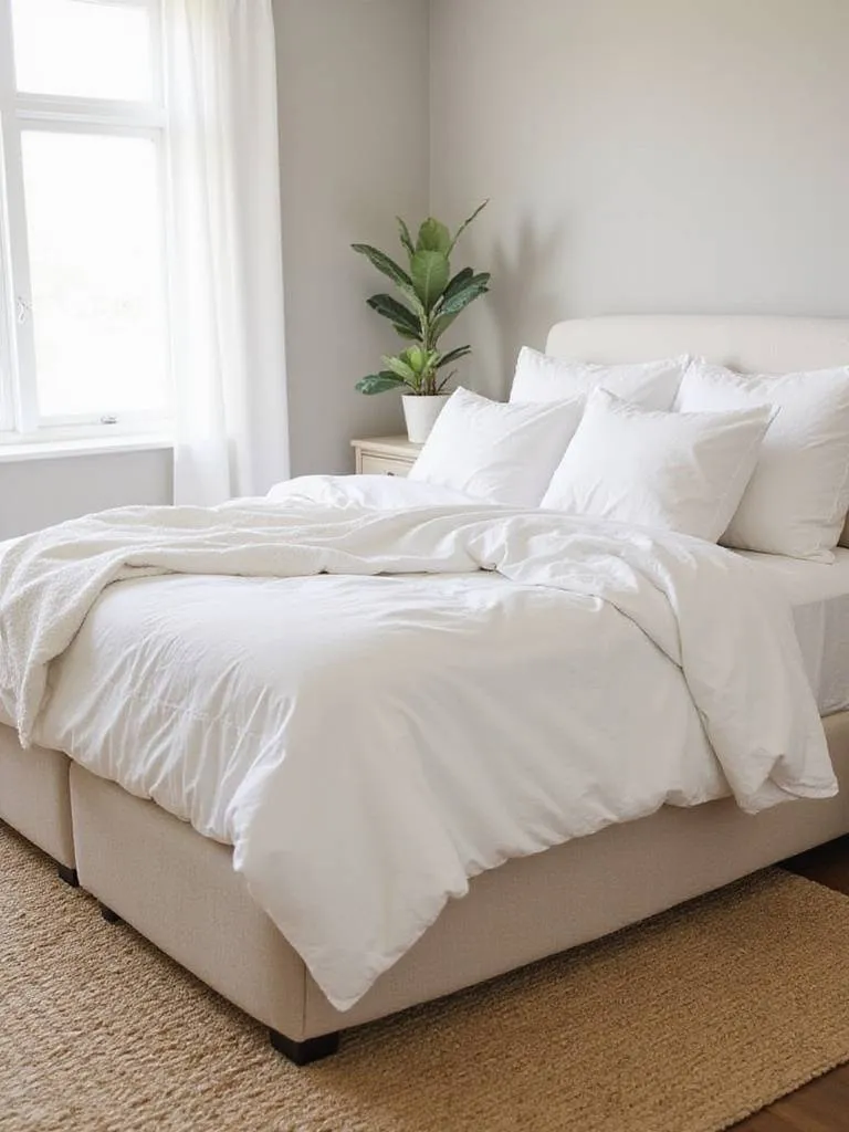 Bedroom with jute rug under bed, budget-friendly design