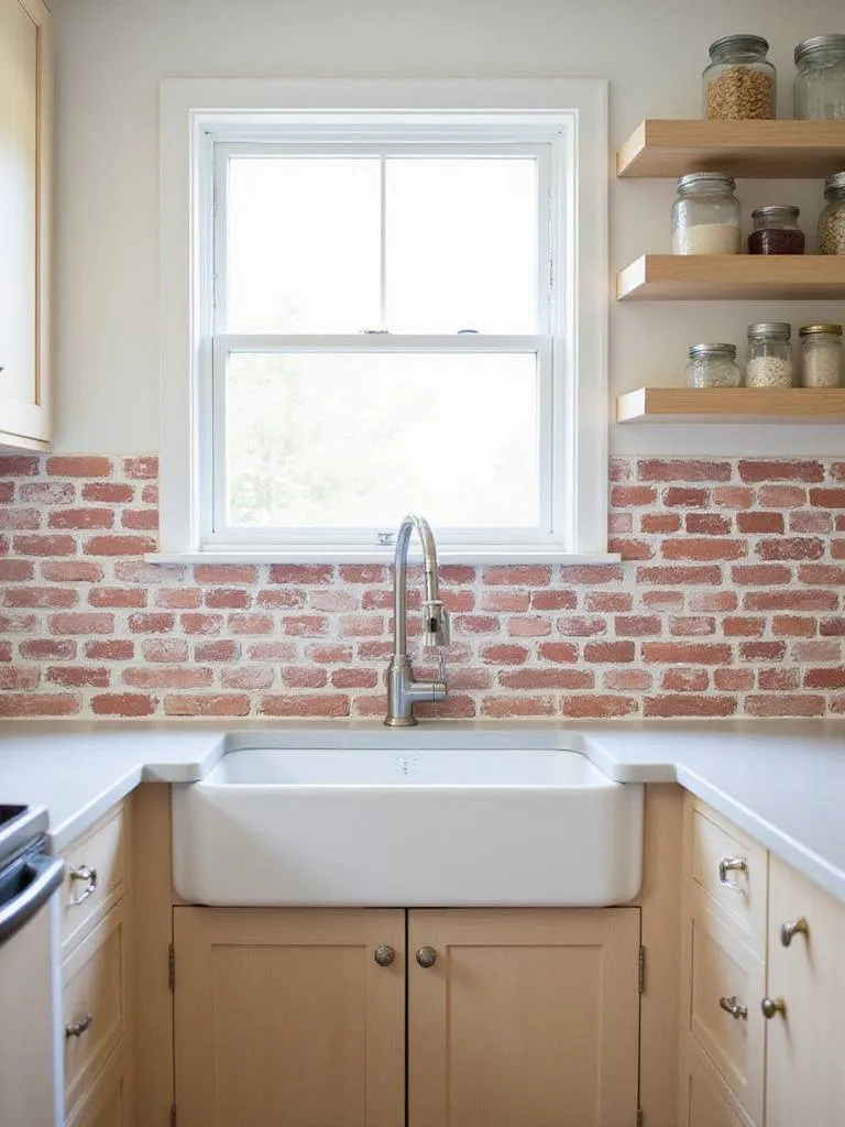 Farmhouse kitchen with rustic brick effect wallpaper backsplash