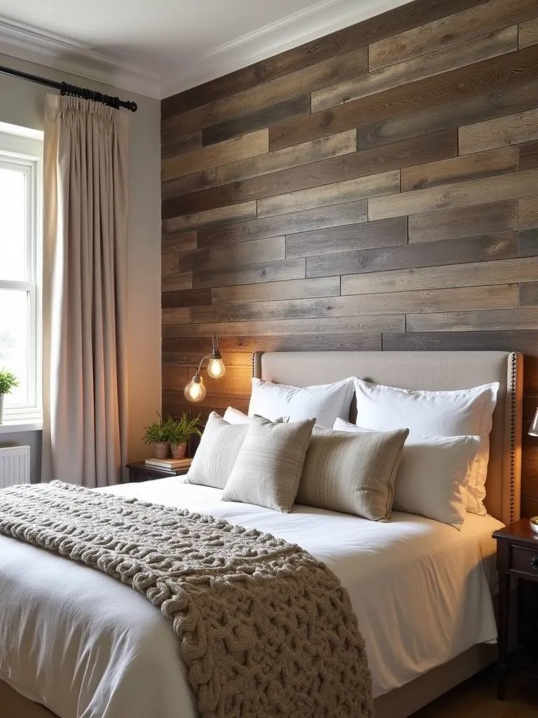 Rustic bedroom with barnwood-effect wallpaper accent wall.