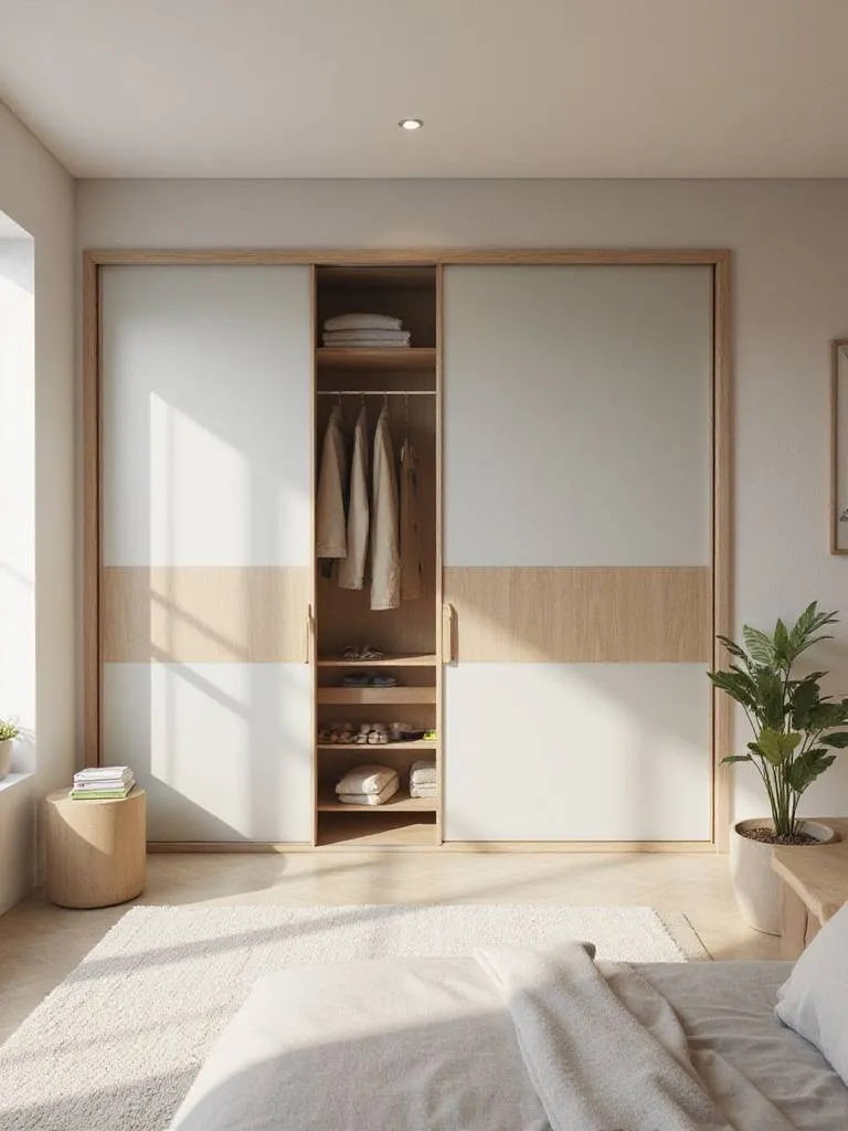 Stylish sliding door wardrobe in a modern bedroom, saving space and providing ample storage.