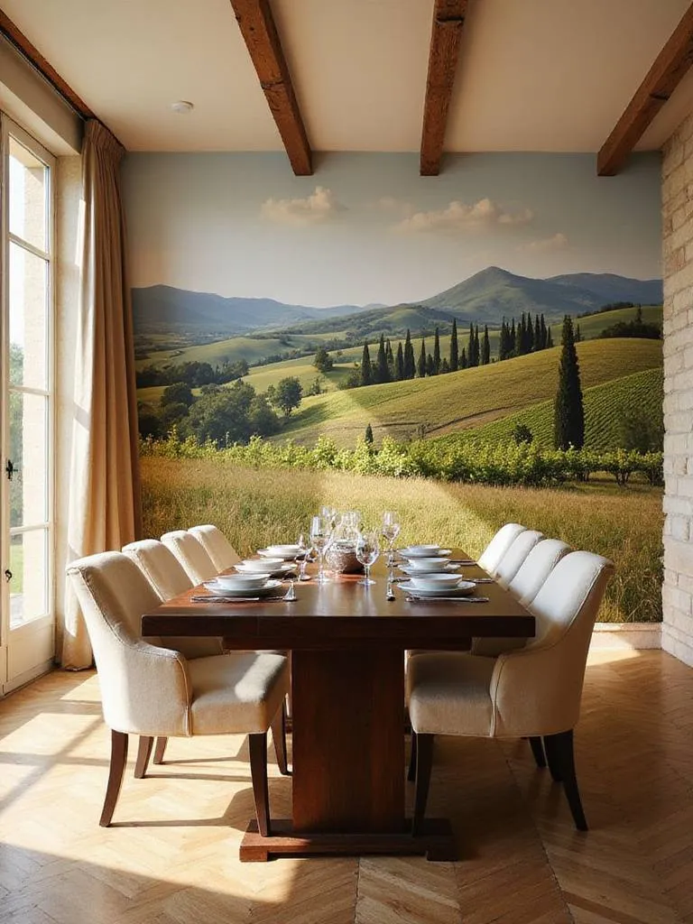 Dining room with Tuscan landscape mural wallpaper