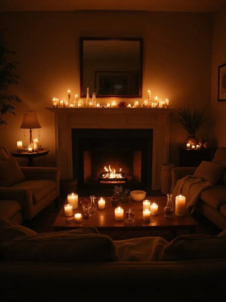 Cozy living room illuminated by warm candlelight, creating a relaxing ambiance.