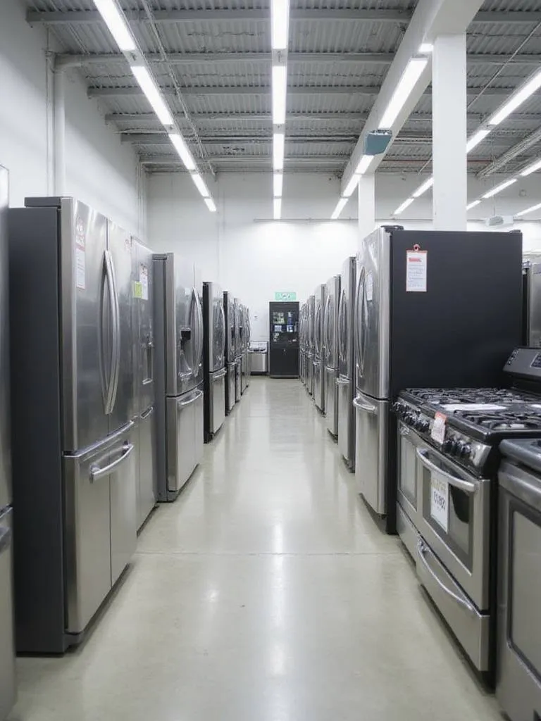 Appliance store aisle showcasing discounted refrigerators, dishwashers, and ovens.