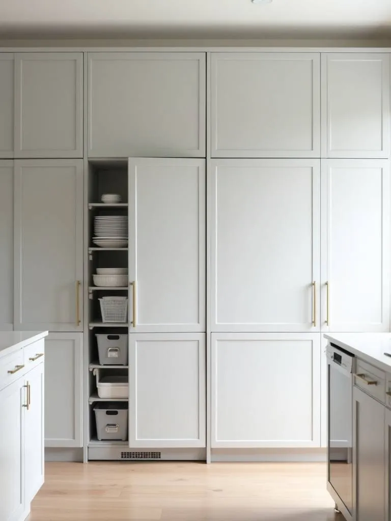 Modern kitchen with seamless cabinetry concealing refrigerator and dishwasher.