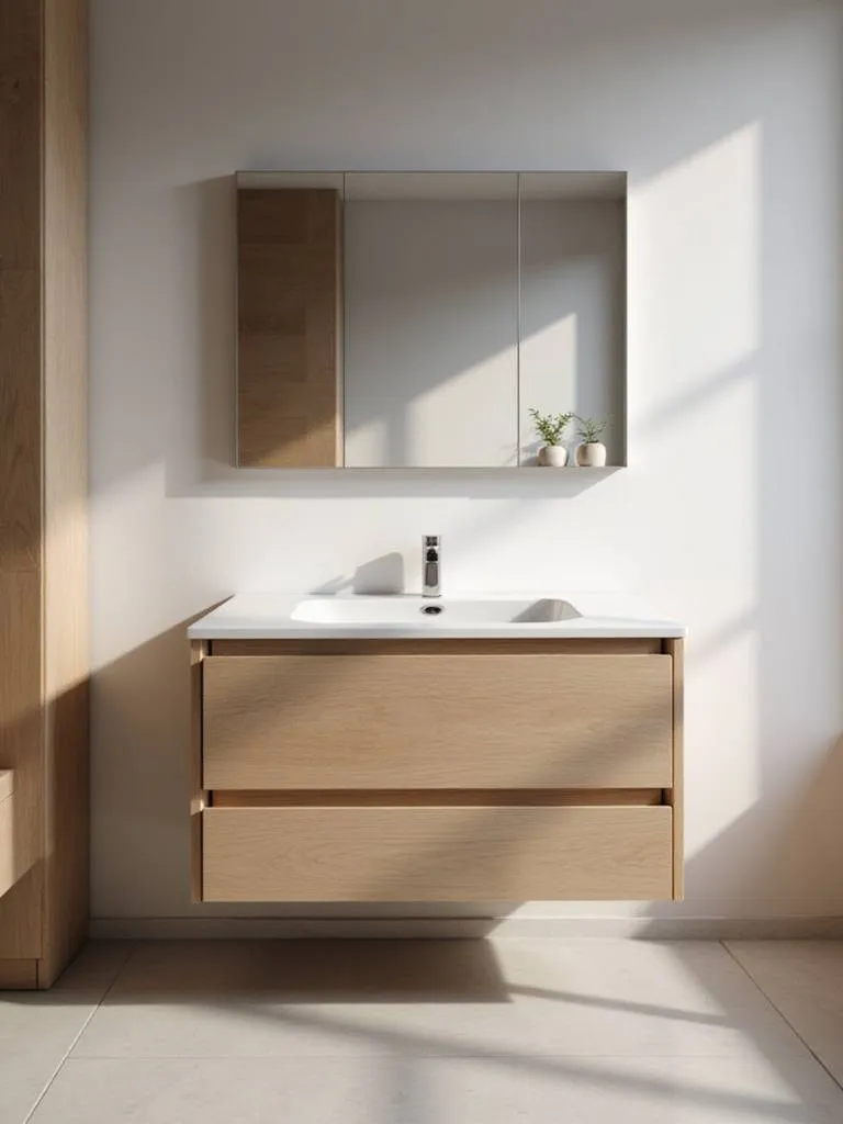 Modern bathroom with seamless storage solutions including floating vanity and recessed medicine cabinet.