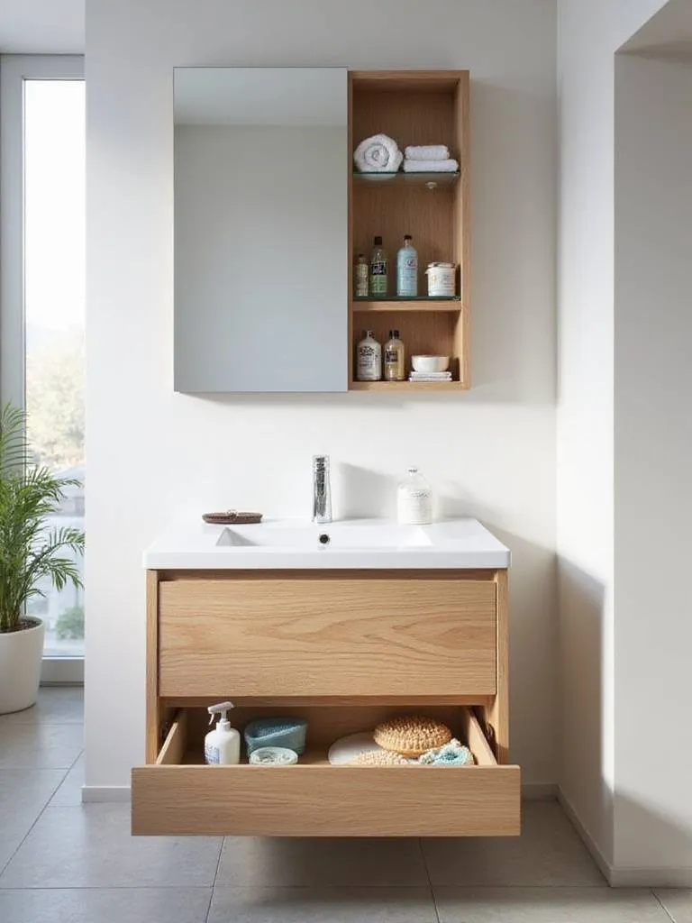 Small bathroom with floating vanity and hidden storage including a hidden medicine cabinet and toe-kick drawer.