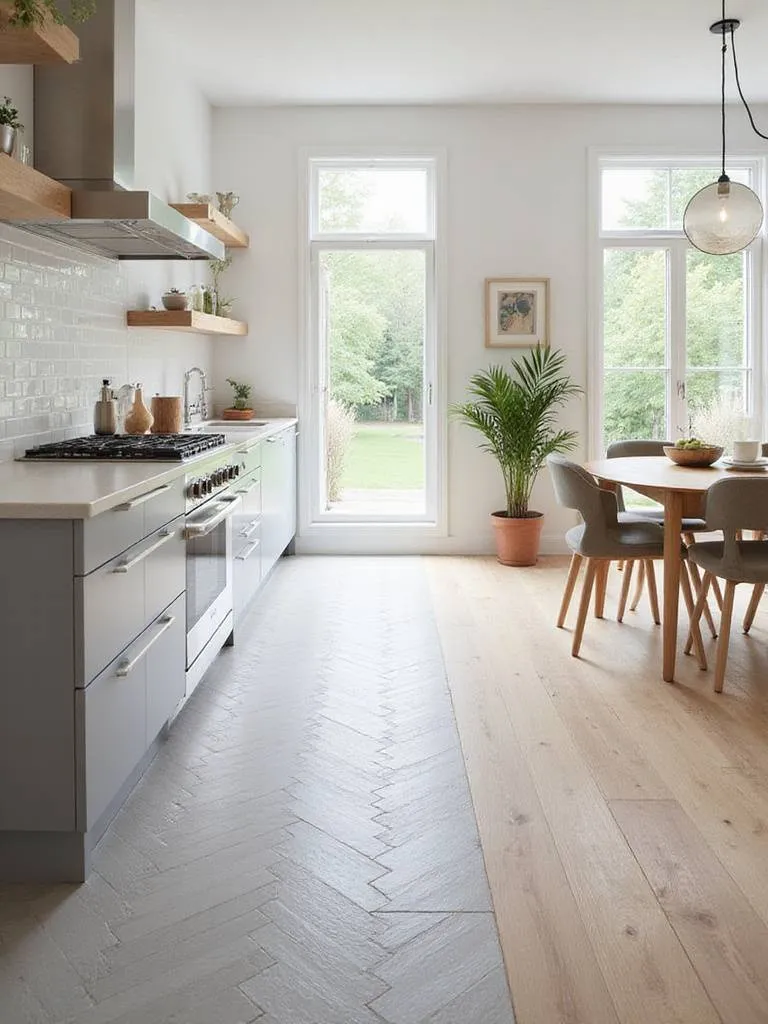 Modern kitchen with light gray herringbone tile flooring near the sink and light-toned hardwood flooring in the dining area.