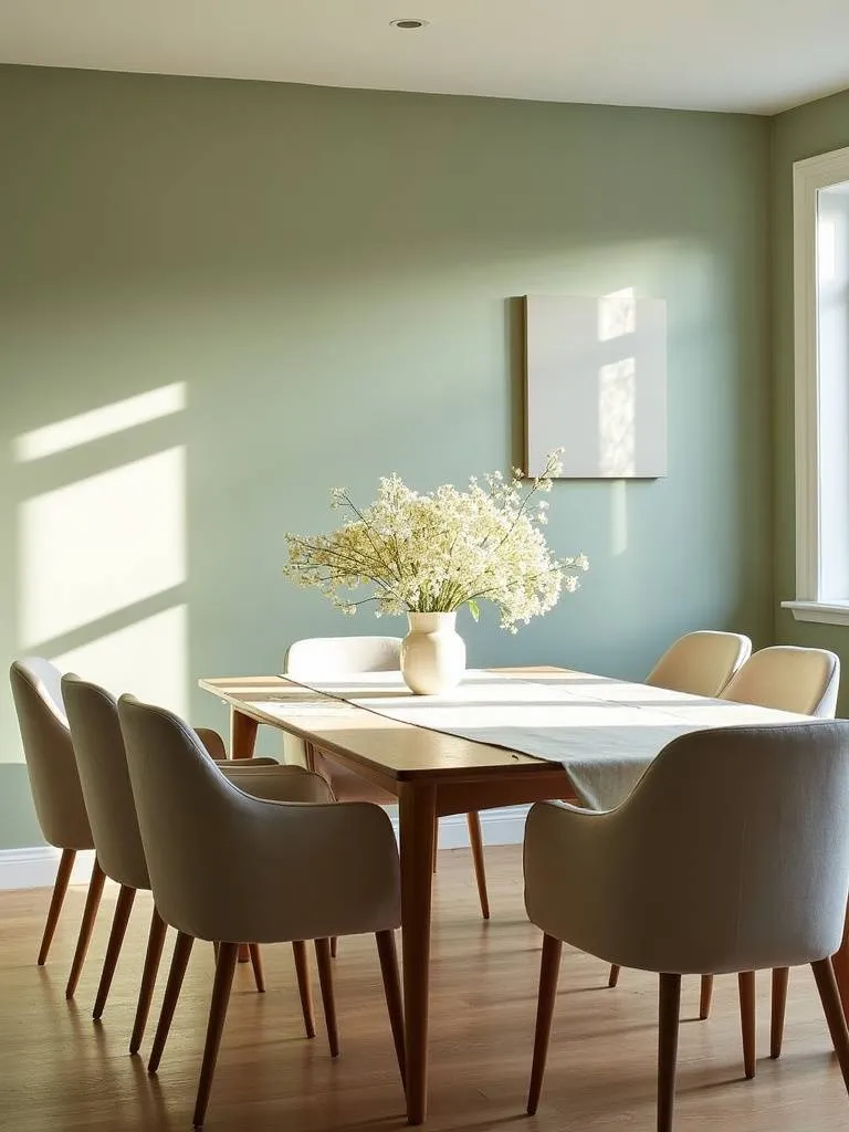 Serene dining room with sage green walls, wooden table, and natural light.