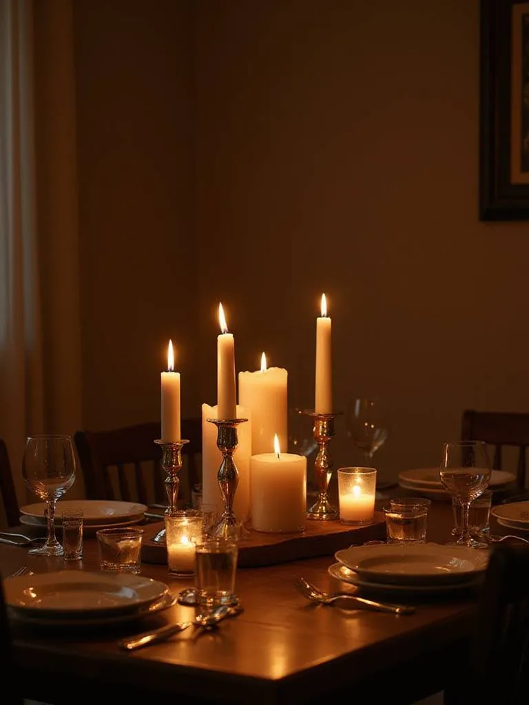 Dining room with warm candlelight creating a cozy and inviting atmosphere.