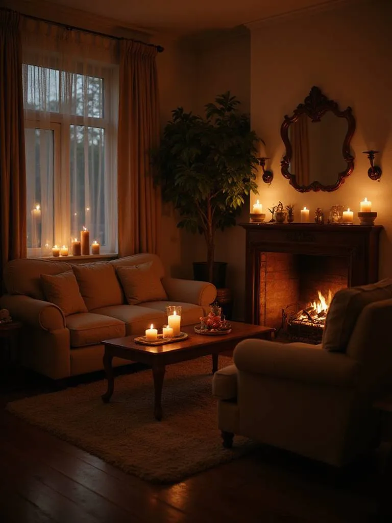 Cozy living room with candlelight creating a warm and inviting atmosphere.