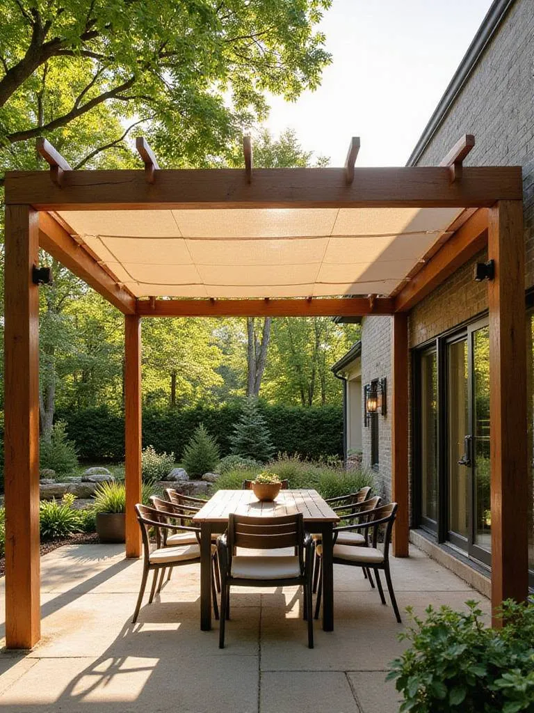 Patio pergola with retractable canopy providing adjustable shade