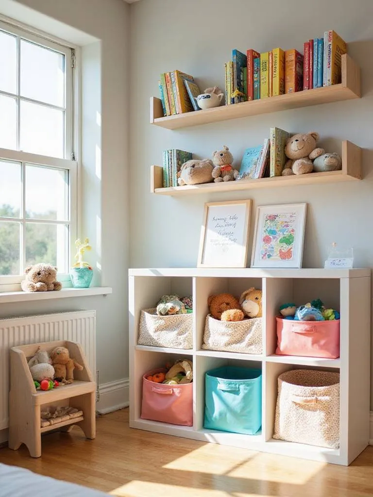 Child's bedroom with smart shelving solutions for books and toys.