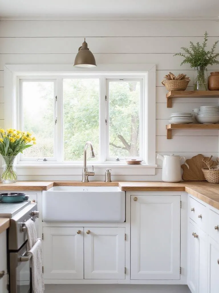 Farmhouse kitchen with white shiplap walls, butcher block countertops, and open shelving.