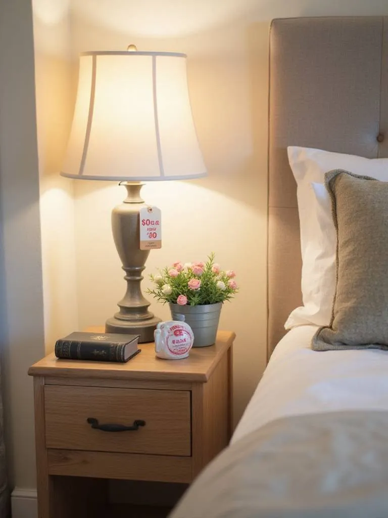 Bedroom nightstand with clearance-priced lamp, vase, and book