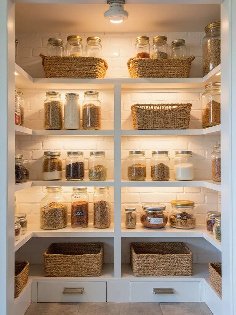 Organized kitchen pantry using affordable storage containers.