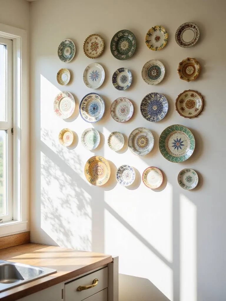 Decorative plate collection displayed as wall art in a kitchen