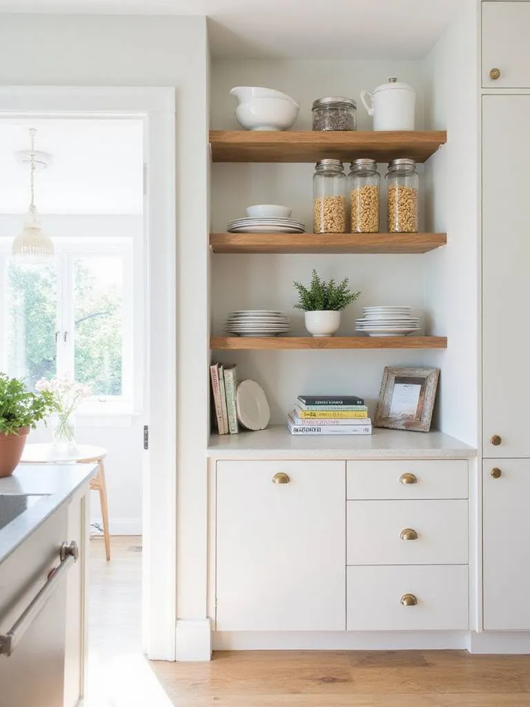 Modern kitchen with light wood open shelving displaying dishes, canisters, herbs, and cookbooks.