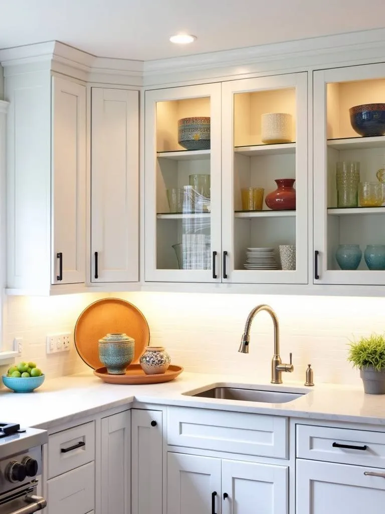 Modern kitchen with white shaker cabinets and glass fronts displaying colorful dishware