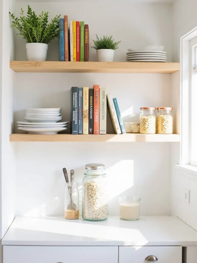 Kitchen with white walls featuring open shelving styled with dishes, cookbooks, plants, and canisters.
