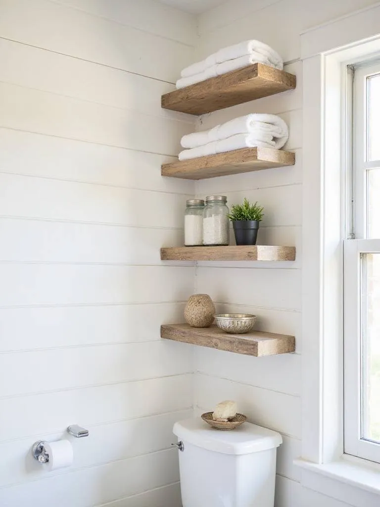 Farmhouse bathroom with open shelving displaying towels, bath salts, and decorative items.